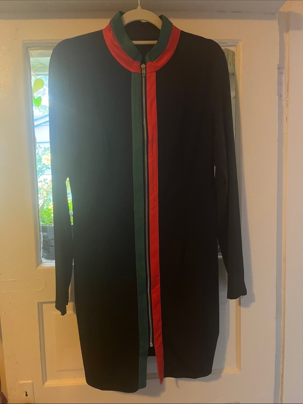 Black Long Zip-Front Coat with Red & Green Trim
